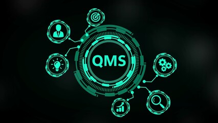 Teal digital infographic with QMS acronym in a circular HUD interface on a black background with icons representing business concepts