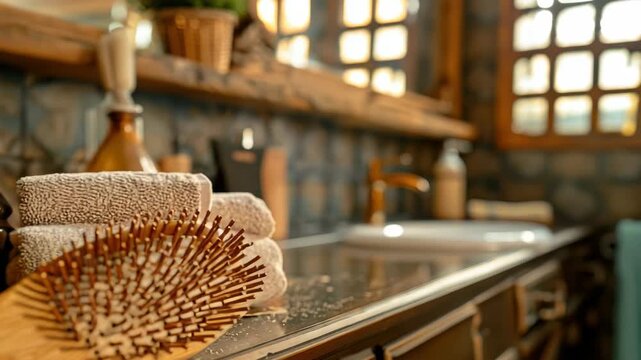 Wooden hairbrush on bathroom counter with bath essentials and towels