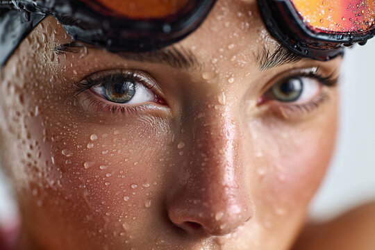 Intense close-up of a swimmer's wet face with water droplets on skin and reflective goggles, focused athlete preparing for competition and training - Powered by Adobe