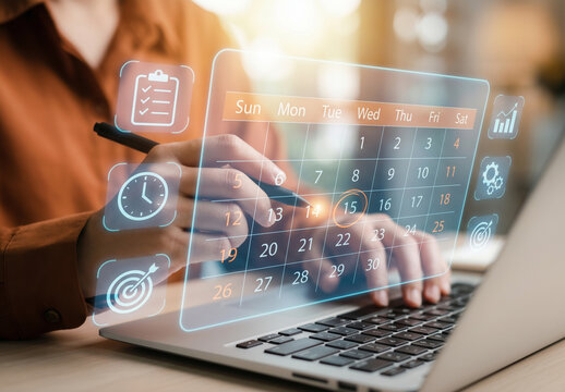 Person using digital calendar to schedule events. Suitable for productivity, time management, organization, and scheduling concepts in designs.