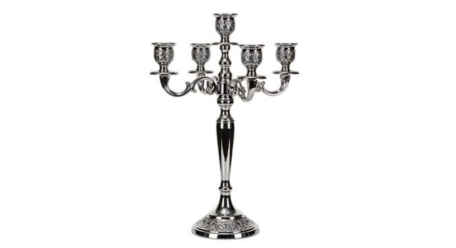 Elegant Silver Candelabrum with Five Candle Holders on Transparent Background