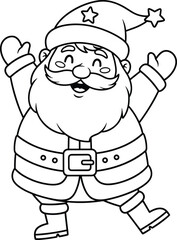 Happy Santa Claus vector illustration, cute cartoon outline, Christmas coloring page, black and white line art, isolated holiday sketch