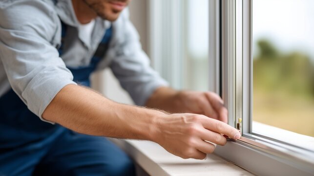 Man installing a new window frame, providing home repair and improvement service