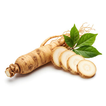 Fresh ginseng root with green leaves and sliced pieces isolated on a white background