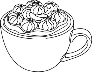 Hot chocolate mug with whipped cream vector, coffee cup outline, winter coloring page, black and white line art