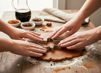 Two pairs of hands pressing a gingerbread man cookie cutter into cookie dough with spices and flour on a rustic wooden table.