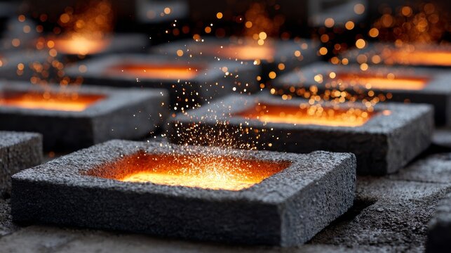 Molten steel process in metal factory sparks flying industrial environment closeup view
