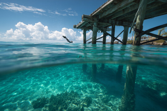 Over-under view of a weathered wooden pier above crystal turquoise water as a snorkeler dives into clear coral reef below