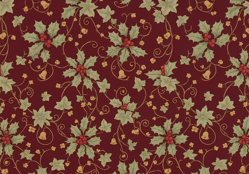 Seamless christmas pattern with holly and bells on red background