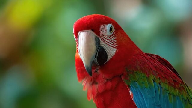 Vivid close up of a red macaw bird with sharp eyes and beak, focused and alert. Wildlife and nature sanctuary concept. Cute beautiful portrait of a parrot in a tropical jungle closeup.