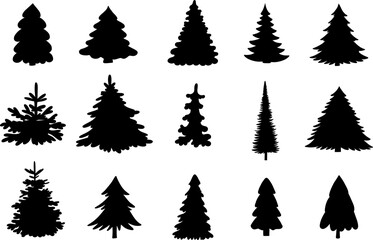 Christmas tree black silhouette drawing outline set vector illustration