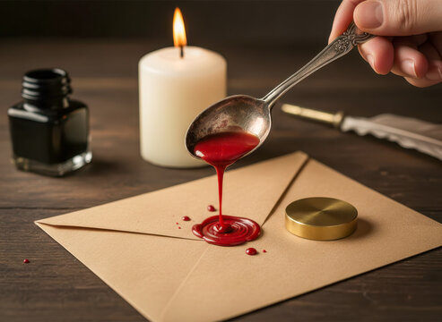 Sealing an important traditional letter with hot red wax using an old spoon by candlelight on a rustic wooden table.