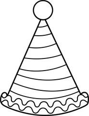 Party hat vector illustration, striped birthday cap outline, celebration coloring page, black and white line art, isolated sketch