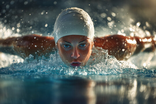 Intense competitive swimmer breaking the surface in butterfly stroke — focused female athlete in a swim cap, powerful splash, determination and strength