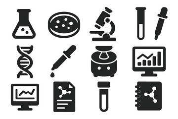 Obraz premium Medical Research Icons. Solid style icons of medical research: lab flask, Petri dish, microscope, test tube, DNA helix, pipette,