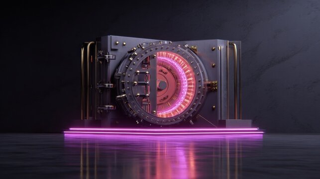 Secure Digital Bank Vault Door Lock With Neon 3D Cyber Encryption Design in Futuristic Setting