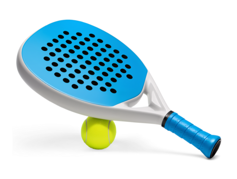 Blue and white padel racket with ball, isolated on transparent background