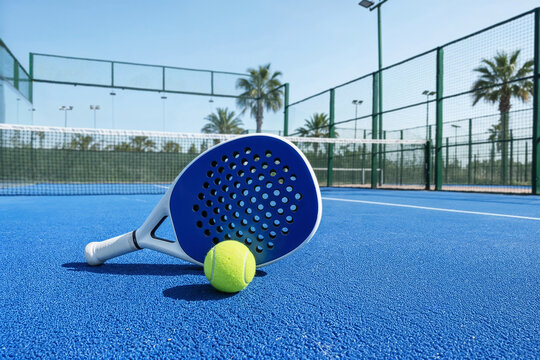 Padel racket and ball on an empty padel court with copy space - Powered by Adobe