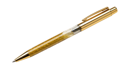 Gold and Clear Glitter Pen with Gold Clip on Transparent Background