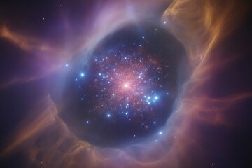 A vibrant nebula with a dense cluster of bright stars at its core, surrounded by swirling cosmic dust and gas