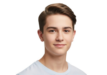 A photorealistic portrait of a young man with a simple background, boy, face, man, portrait, pose, shirt, smile, t shirt, t-shirt, white 