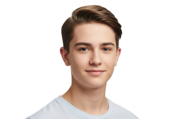 A photorealistic portrait of a young man with a simple background, boy, face, man, portrait, pose, shirt, smile, t shirt, t-shirt, white 