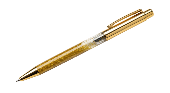 Gold and Clear Glitter Pen with Gold Clip on Transparent Background