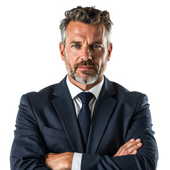 Confident Executive: A distinguished businessman stands with crossed arms, radiating confidence and experience, set against a background.