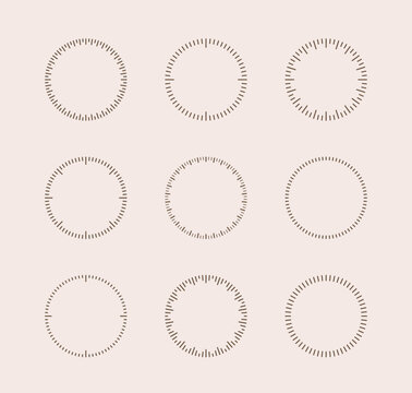 Round analog dashed lines timer icon. Dotted watch, speed frame, mechanical clock face, meter scale line vector template