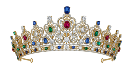 Elegant Gold Crown with Multicolored Gemstones and Diamonds on Transparent Background