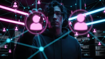 Man gestures at hologram network. Digital user icon floats across space. Connection lines link glowing nodes. Social interface displays data and network. Cyberpunk lighting sets futuristic moodscape. - Powered by Adobe