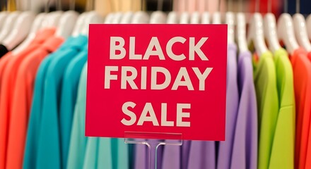 Red sign announces Black Friday sale among colorful hanging clothes retail shopping