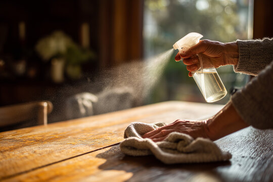 Sunlit wooden table being cleaned - close-up of hands using a spray bottle and cloth to wipe and polish a warm kitchen surface