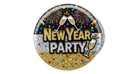 Celebratory New Year Party Badge with Fireworks Glasses Confetti and Champagne in Gold and Silver Colors