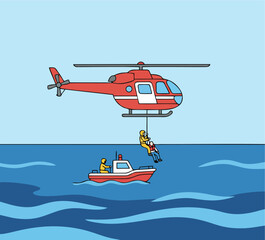Helicopter and Rescue Boat Water Operation Vector – Emergency Lifesaving Hoist, Flat Cartoon Sea Rescue