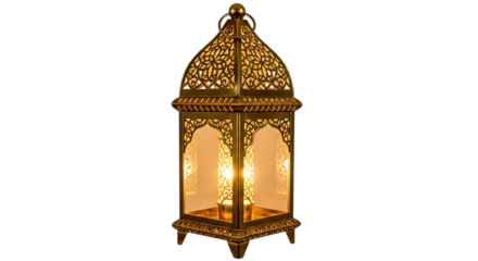 Golden Ornate Lantern with Candle on Transparent Background for Decorative and Cultural Use