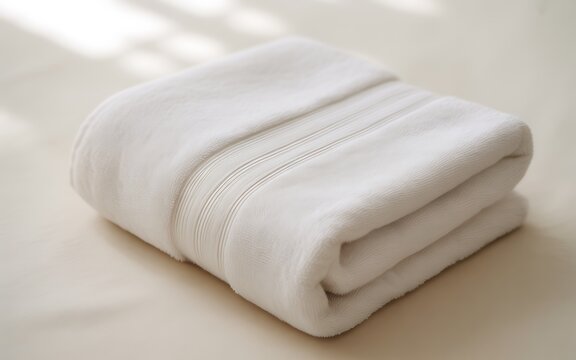 A clean, folded white terry cloth towel with decorative stitching, resting on a neutral surface
