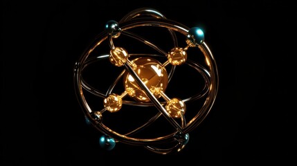 Blue gold indigo gold atom model proton neutron nucleus orbiting in orderly formation molecular abstract.
