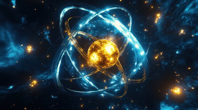 Blue gold indigo gold atom model proton neutron nucleus orbiting in orderly formation molecular abstract.