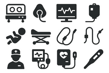 Premature Birth Icons. Solid style icons of premature birth: incubator, oxygen mask, heart monitor, IV drip, tiny baby, NICU bed,