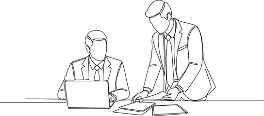 Two businessmen working at office desk continuous line drawing, corporate meeting vector, teamwork sketch