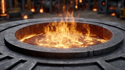 Molten metal casting process at steel factory fiery environment high fidelity viewpoint