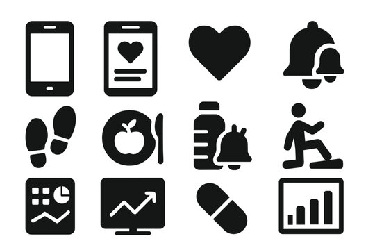 Mobile Health App Icons. Solid style icons of mobile health apps: smartphone, app interface, heart icon, medication reminder,