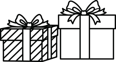 Two Christmas gift boxes with bows vector, holiday presents outline, coloring page, black and white line art