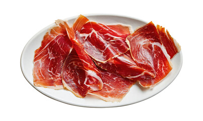 A plate of ham is on a white background