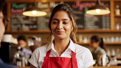 A friendly and smiling young woman wearing a red apron and white shirt serves customers in a cozy coffee shop with warm lighting - Powered by Adobe