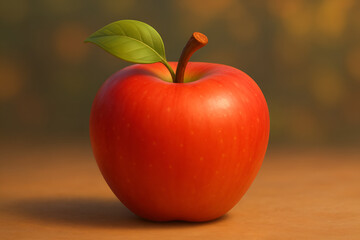 Fresh ripe red apple with a green leaf sitting on a wooden surface with a soft blurred natural background