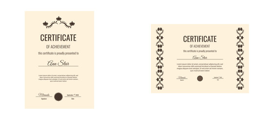 Certificate. Vector horizontal and vertical Certificate with Royal retro element isolated transparent background. Elegant royal crown stylish Certificate diploma award layout set. EPS 10