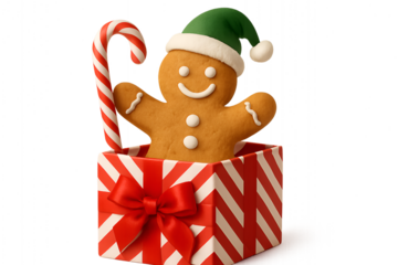 Christmas gingerbread man cookie inside striped gift box