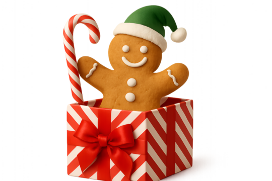 Christmas gingerbread man cookie inside striped gift box